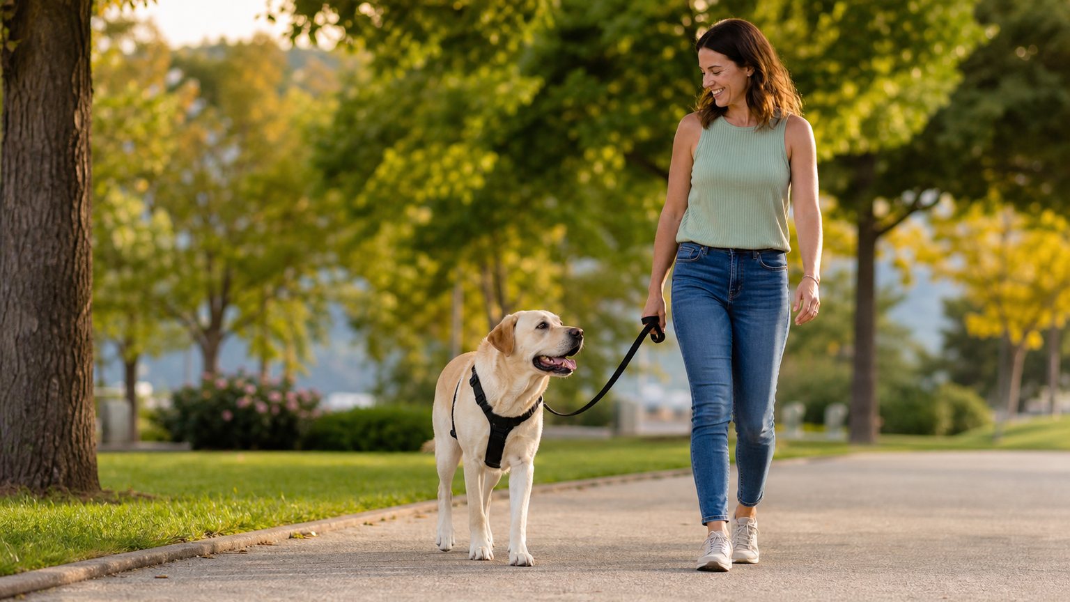 Chien marchant calmement en laisse détendue avec sa propriétaire