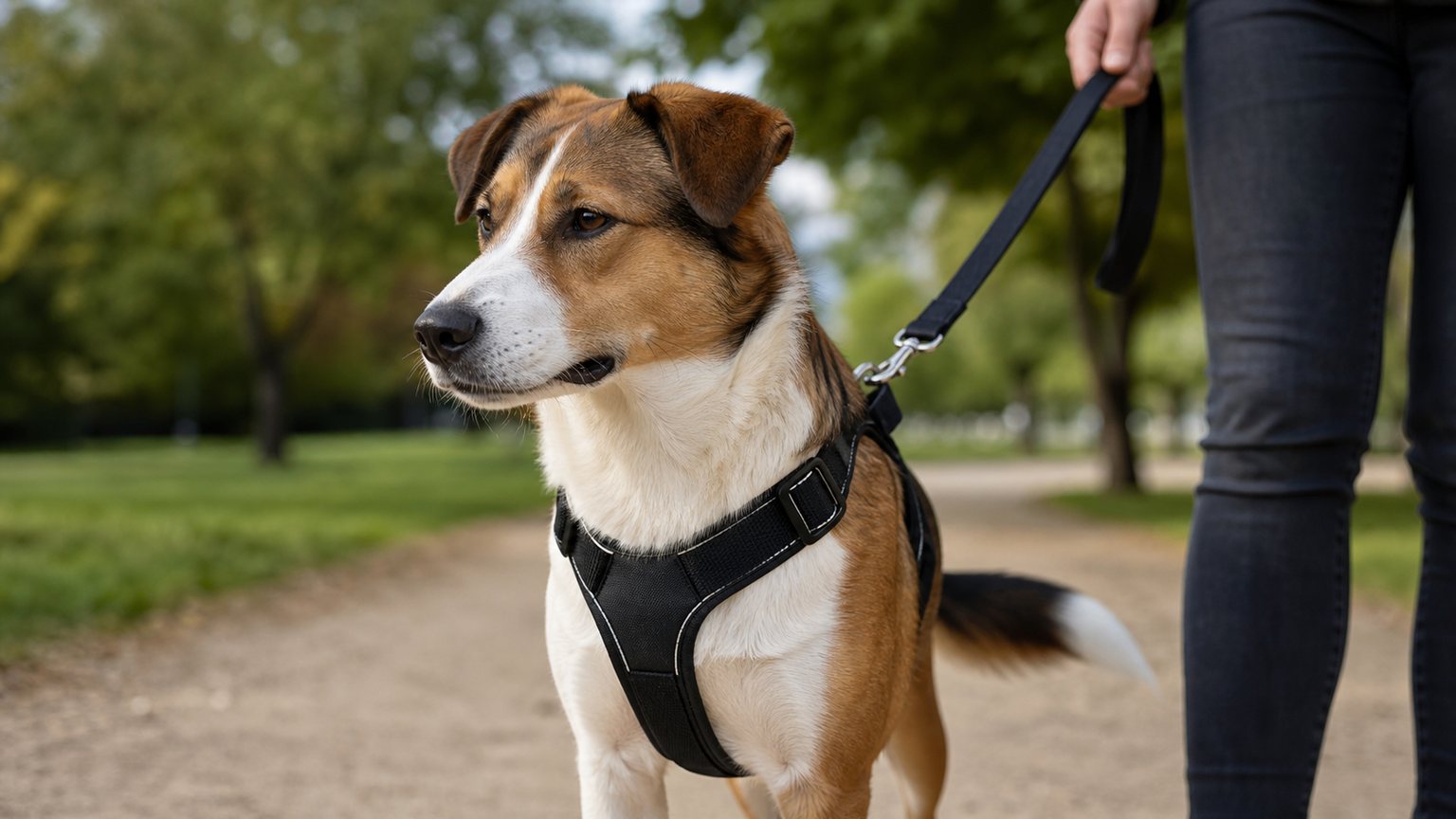 Harnais anti-traction bien ajusté sur un chien en promenade