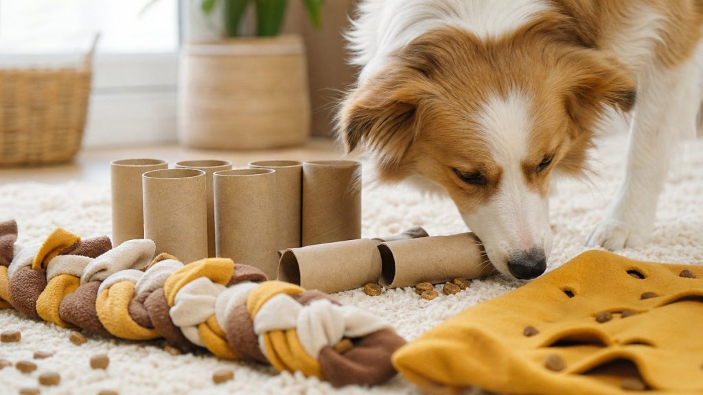 Jeux d’occupation faits maison avec rouleaux en carton et jouet textile pour chien