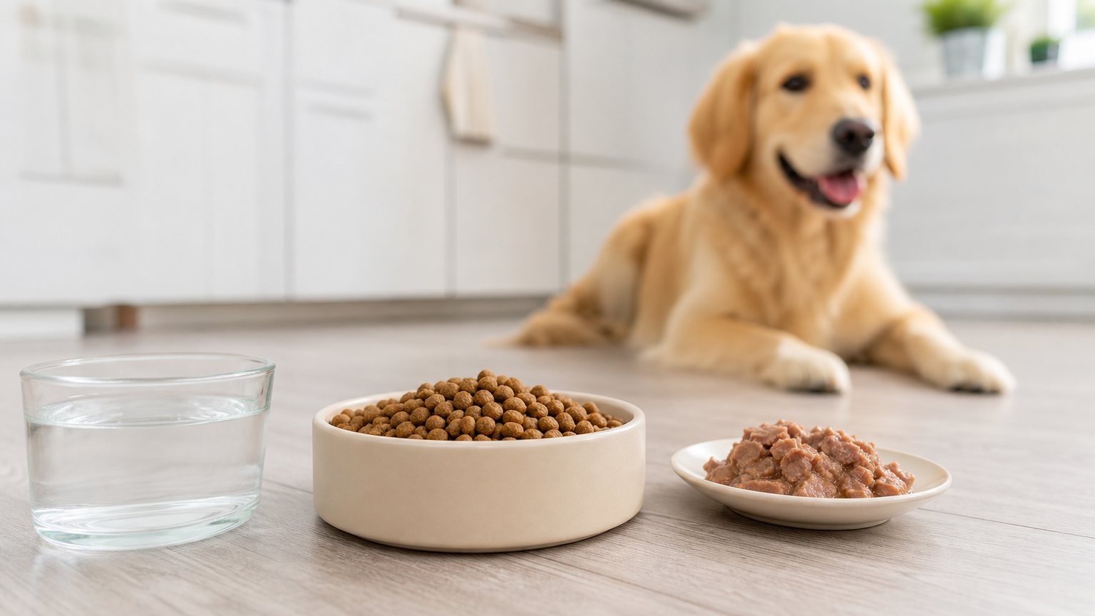 Gamelle de croquettes, pâtée et eau pour illustrer le choix d’alimentation du chien