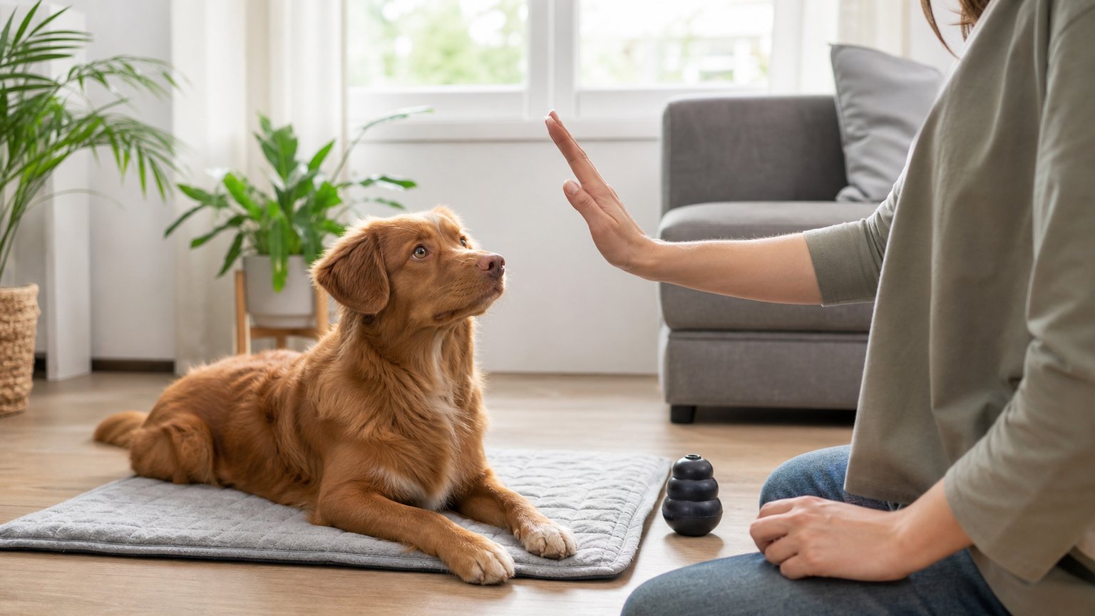 Chien détendu sur un tapis pendant un exercice de calme