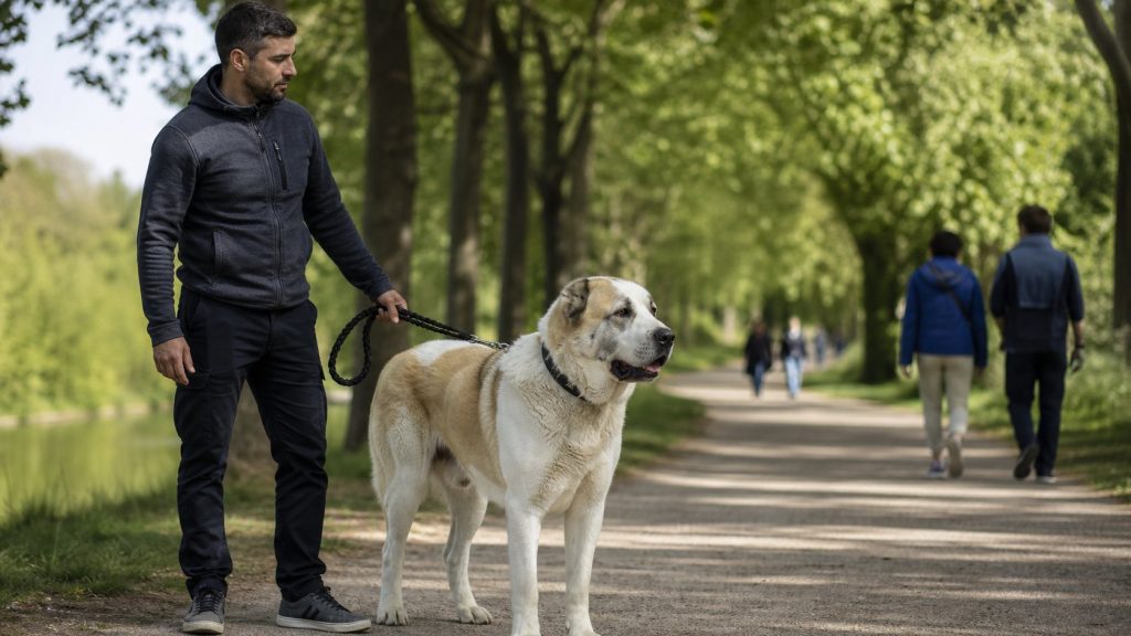 Alabai tenu en laisse pendant une séance de socialisation