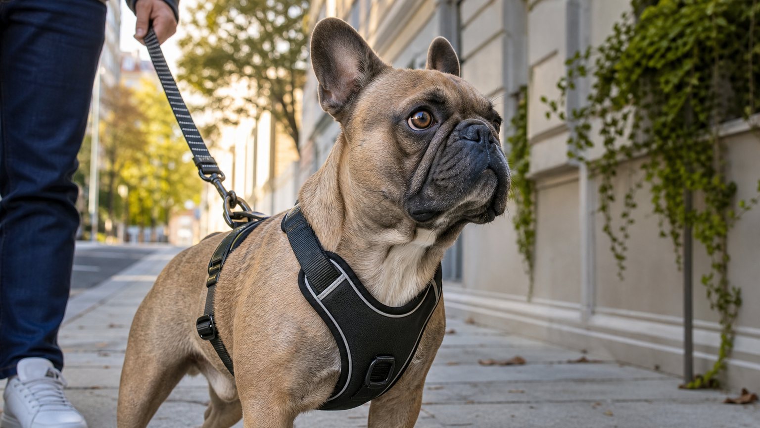 Bouledogue Français en harnais lors d’une promenade en ville