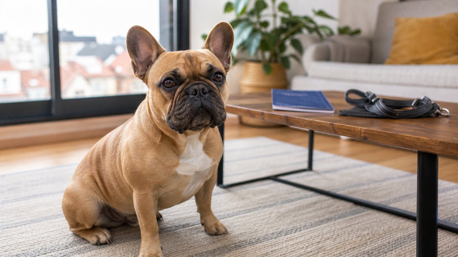 Bouledogue Français dans un appartement avec carnet de santé et harnais