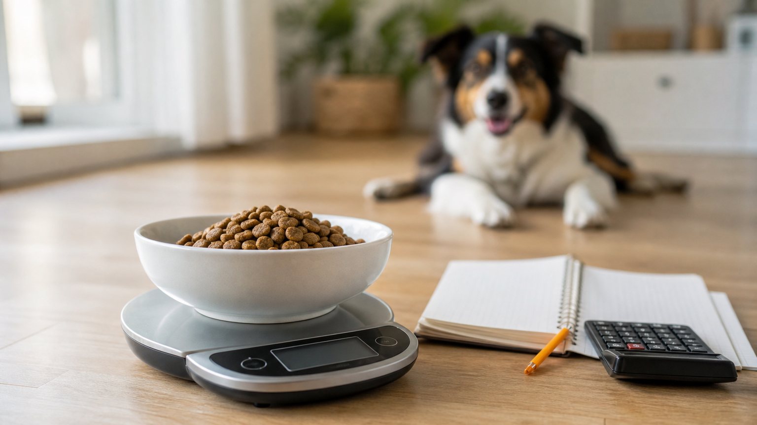 Bol de croquettes sur une balance avec calculatrice pour budget chien