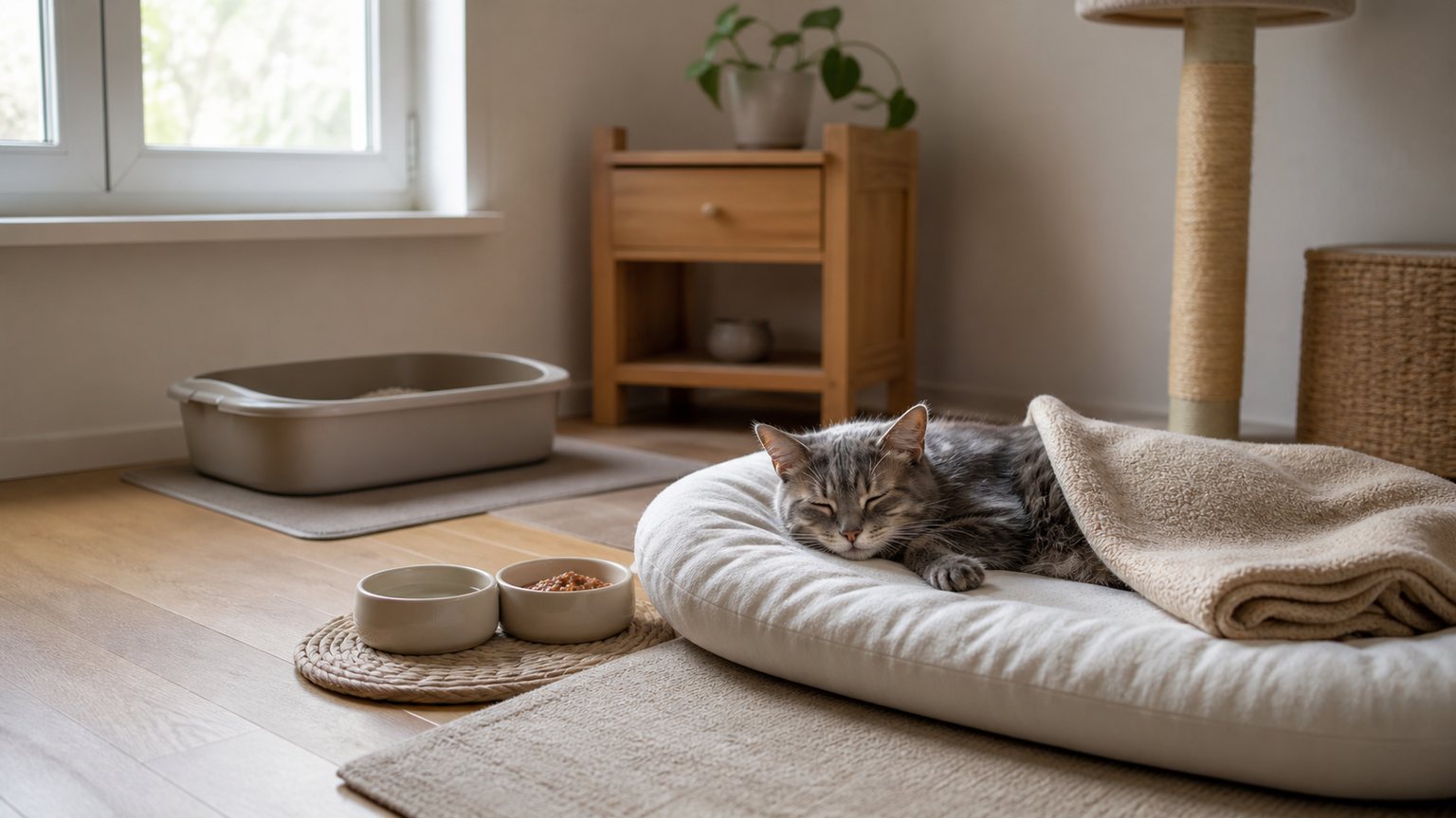 Espace calme aménagé avec couchage bas, gamelles et litière pour chat âgé