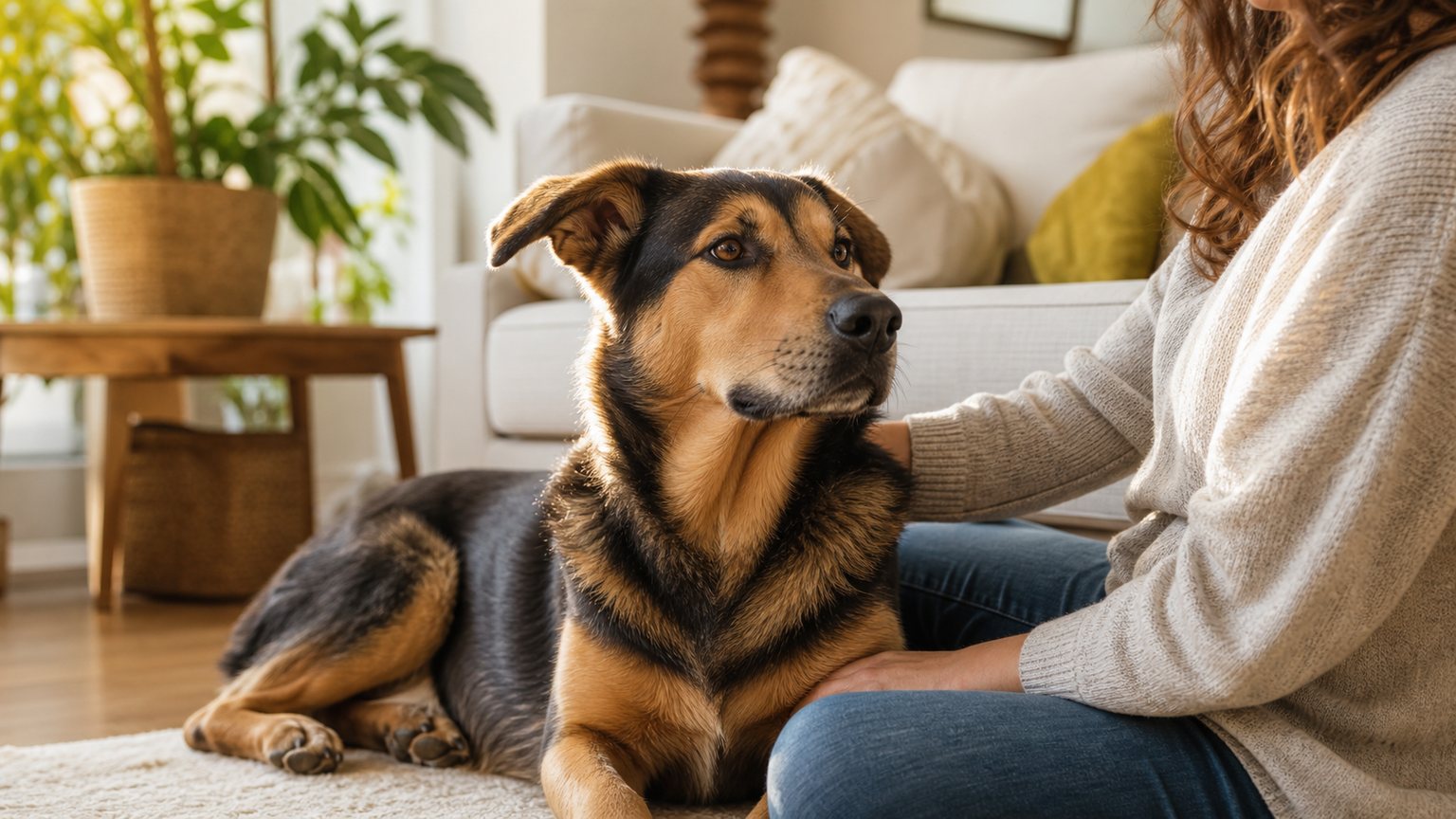 Chien anxieux rassuré par son humain dans un intérieur calme