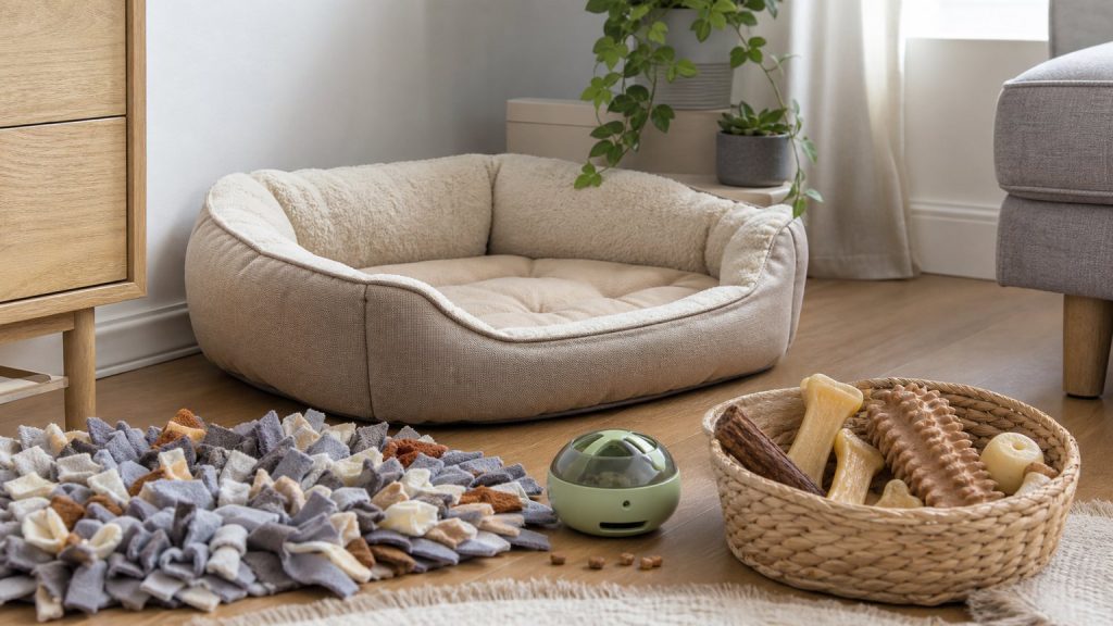 Panier confortable avec tapis de fouille et jouets d’occupation pour chien