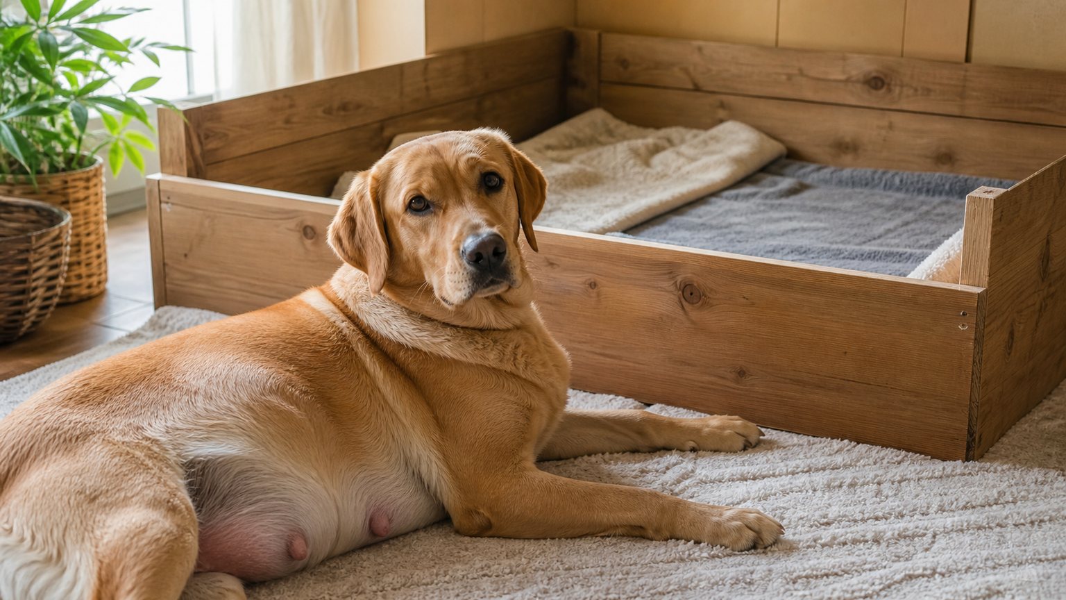 Chienne gestante allongée près d’une caisse de mise bas préparée