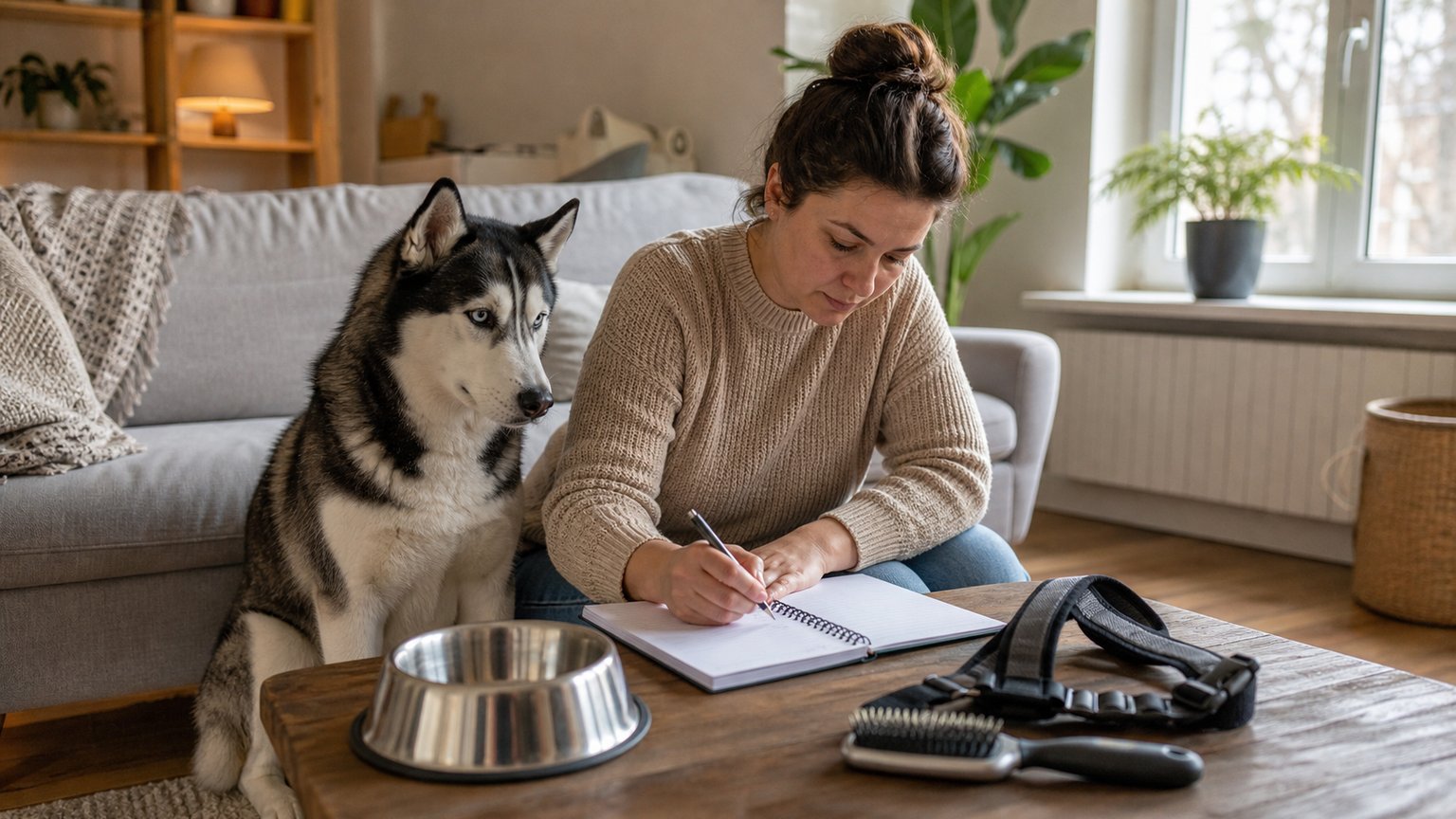 Husky avec sa propriétaire préparant le budget annuel