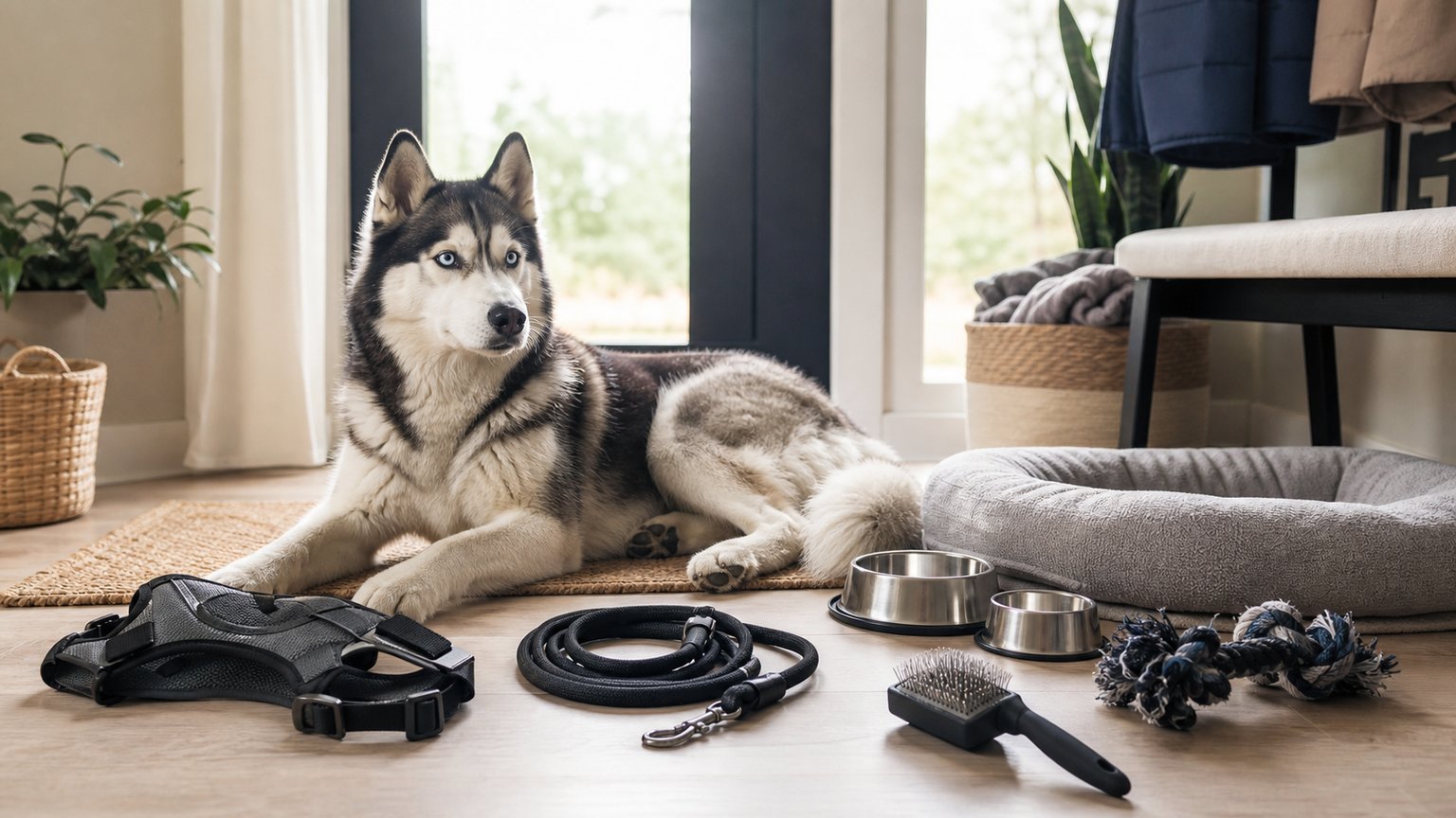 Husky avec harnais laisse brosse gamelles et couchage