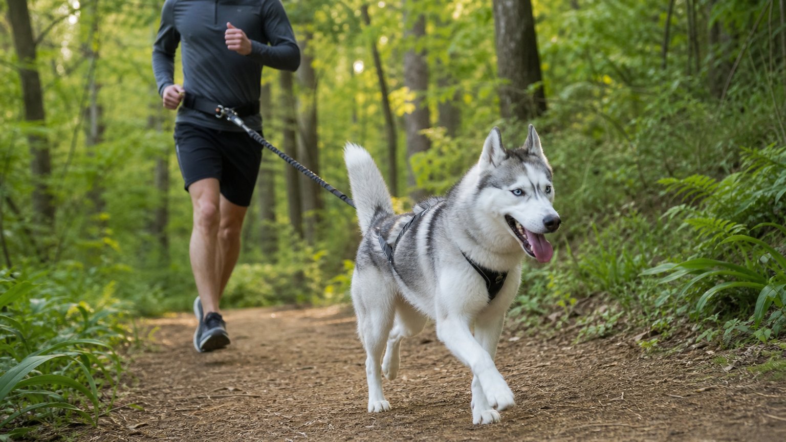 Husky courant en forêt avec son propriétaire