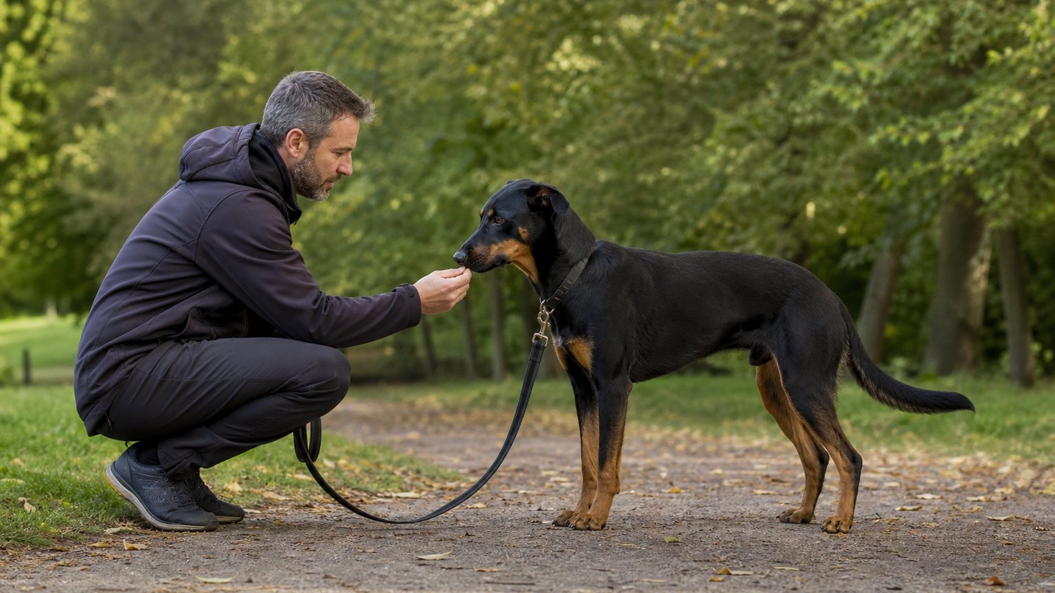 Séance d’éducation positive avec un Malinois croisé Beauceron tenu en laisse
