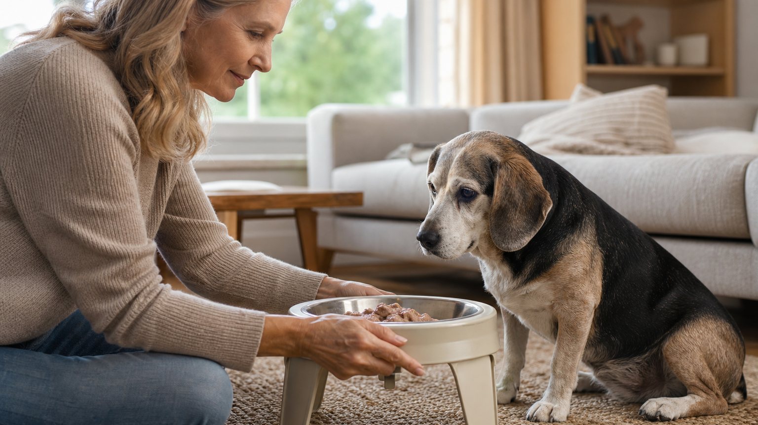 Propriétaire proposant une gamelle surélevée à un chien senior