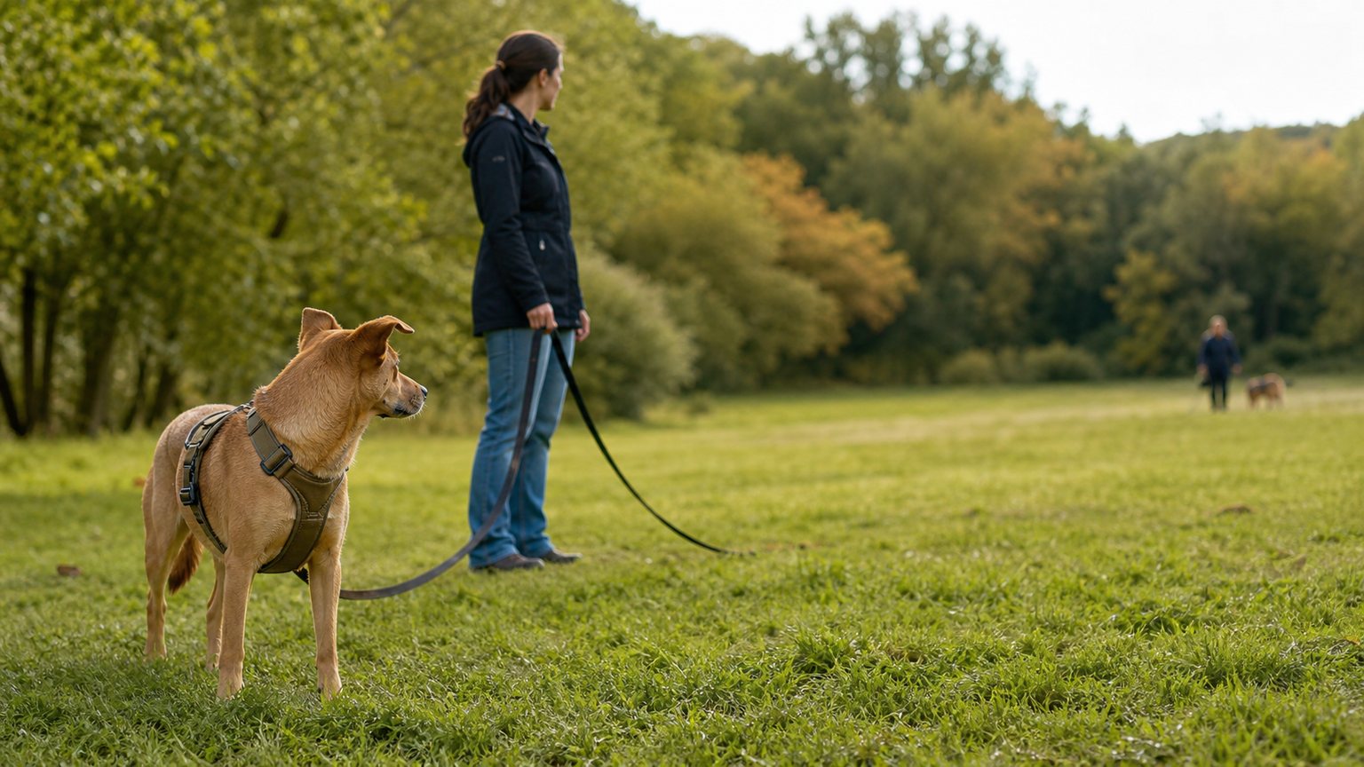 Chien en harnais et longe observant une distraction à distance