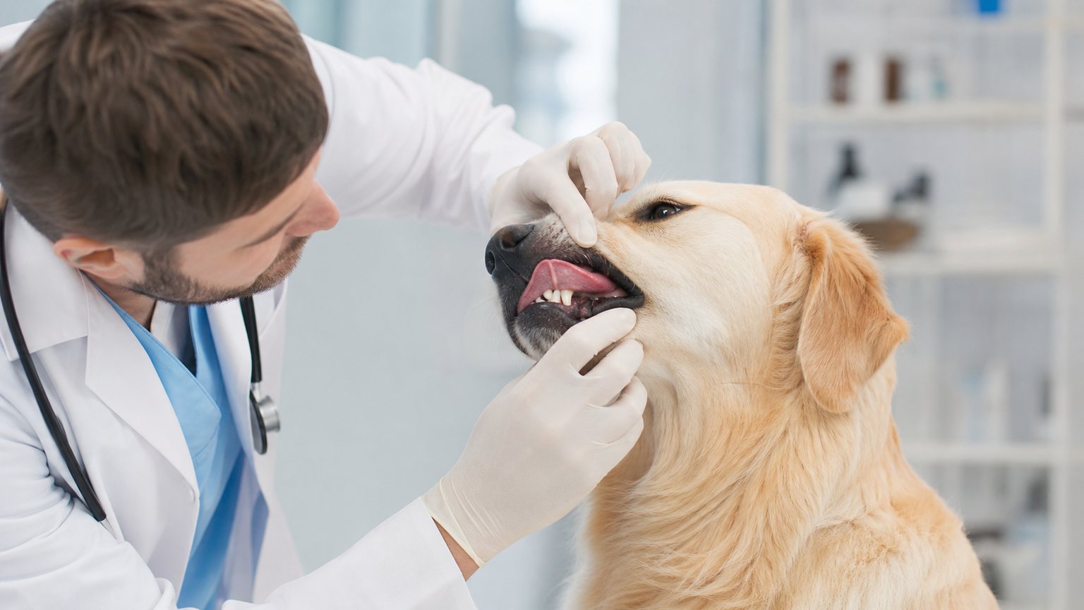 Vétérinaire examinant la gueule d’un chien calme