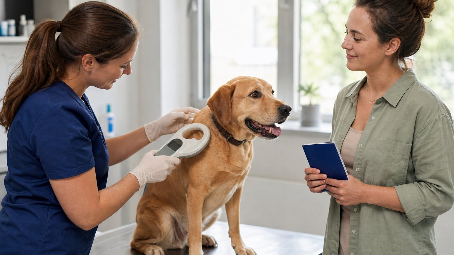 Vétérinaire vérifiant la puce électronique d’un chien avant voyage