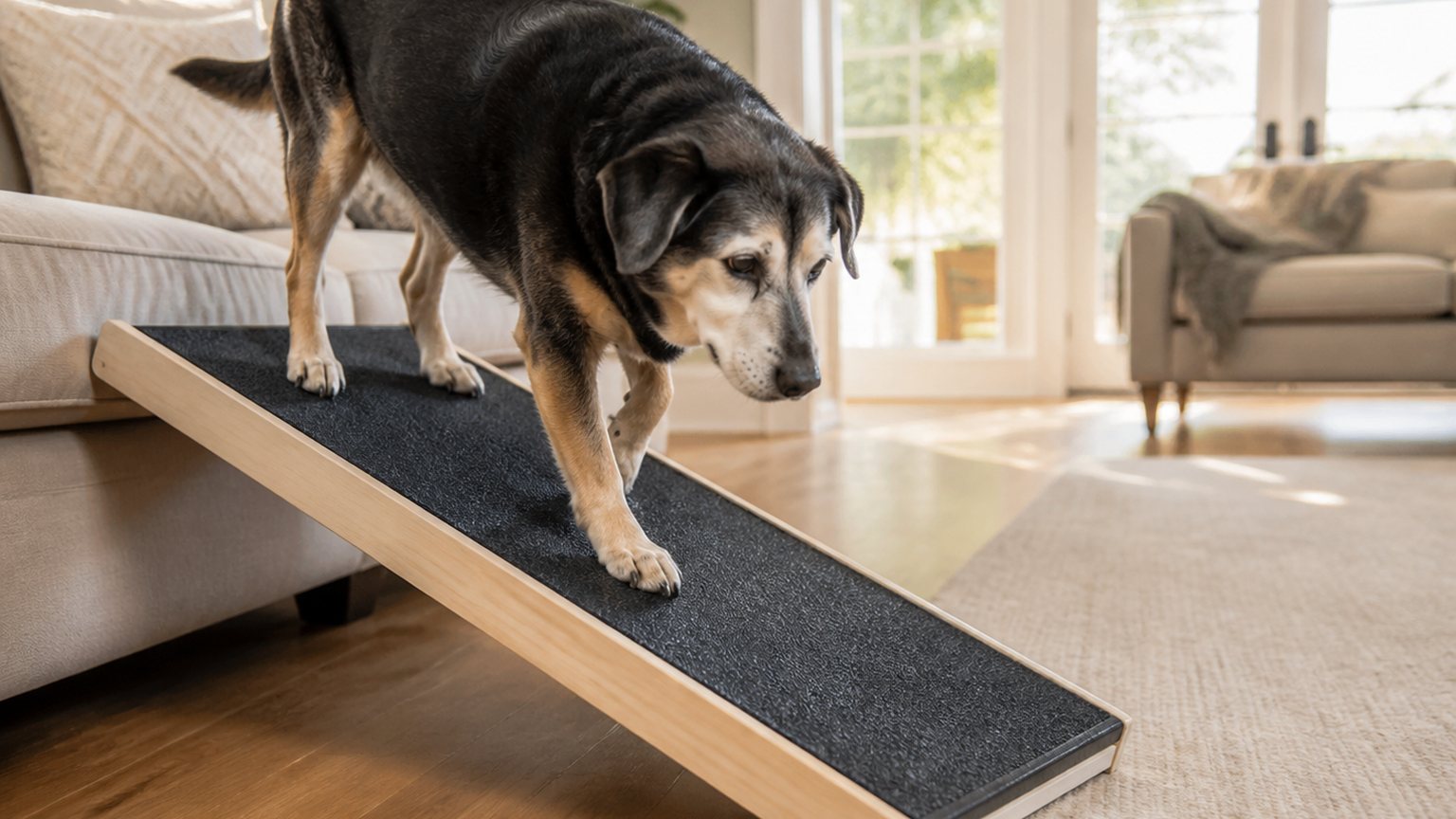Chien senior utilisant une rampe antidérapante à la maison