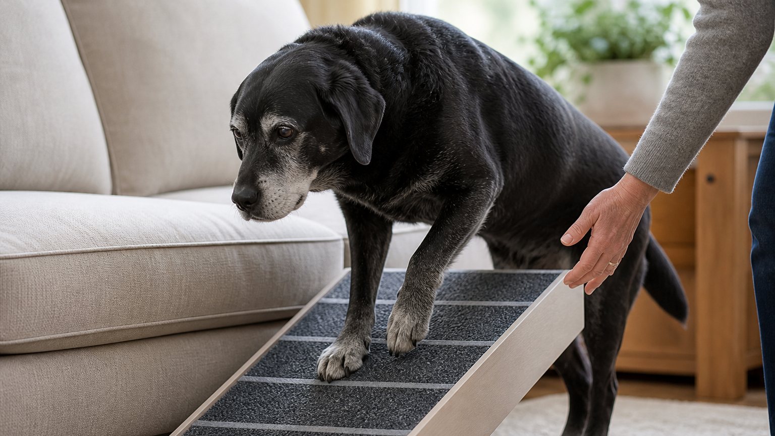 Chien âgé montant calmement une rampe sécurisée