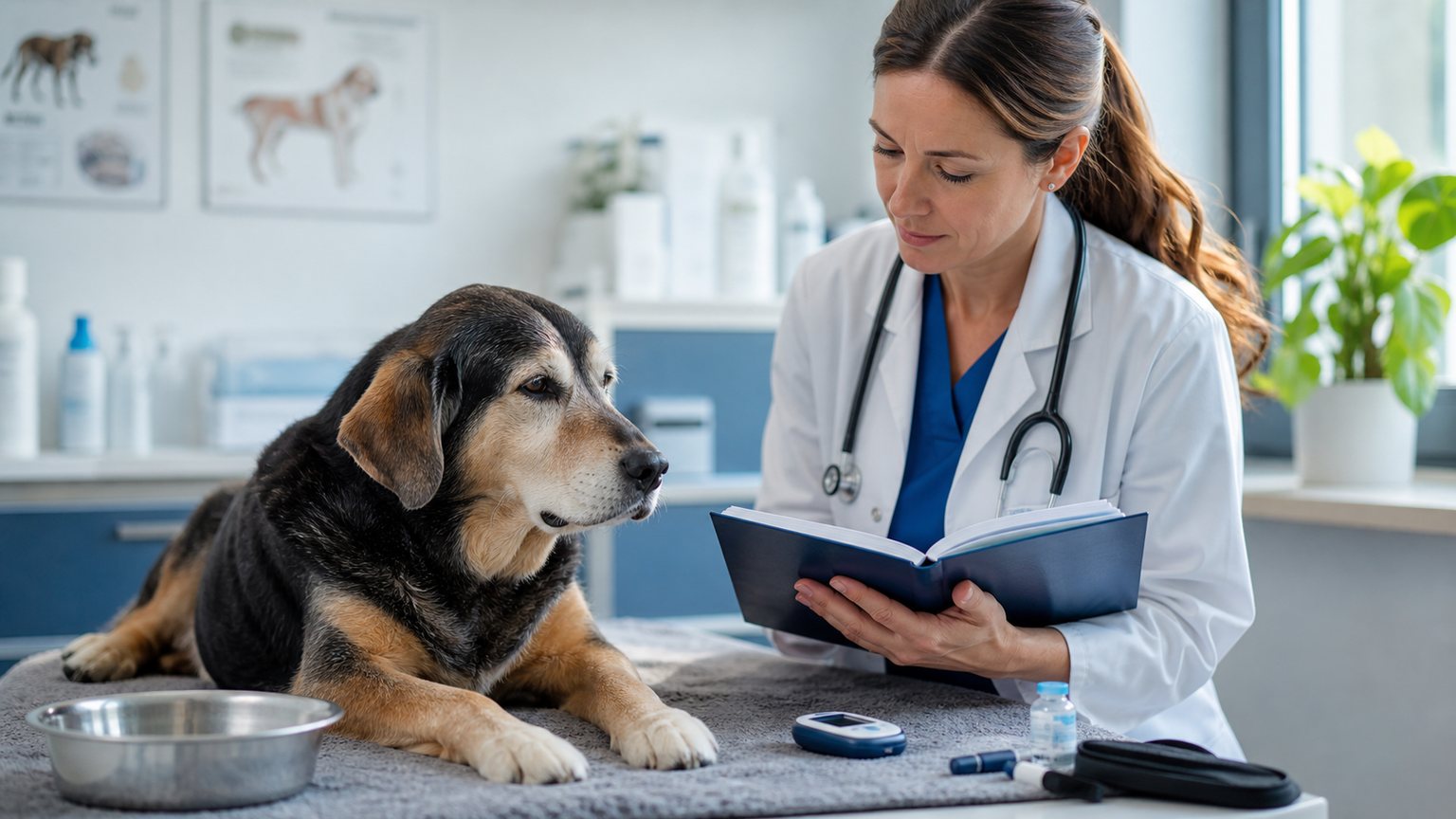 Chien senior suivi en clinique vétérinaire avec carnet et gamelle d’eau