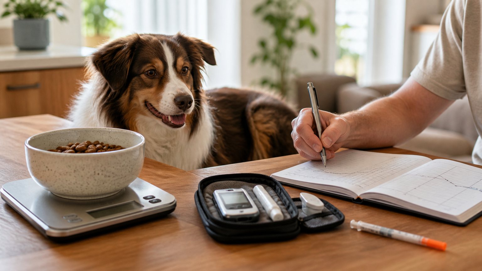 Routine de soin pour chien diabétique avec gamelle pesée et carnet de suivi