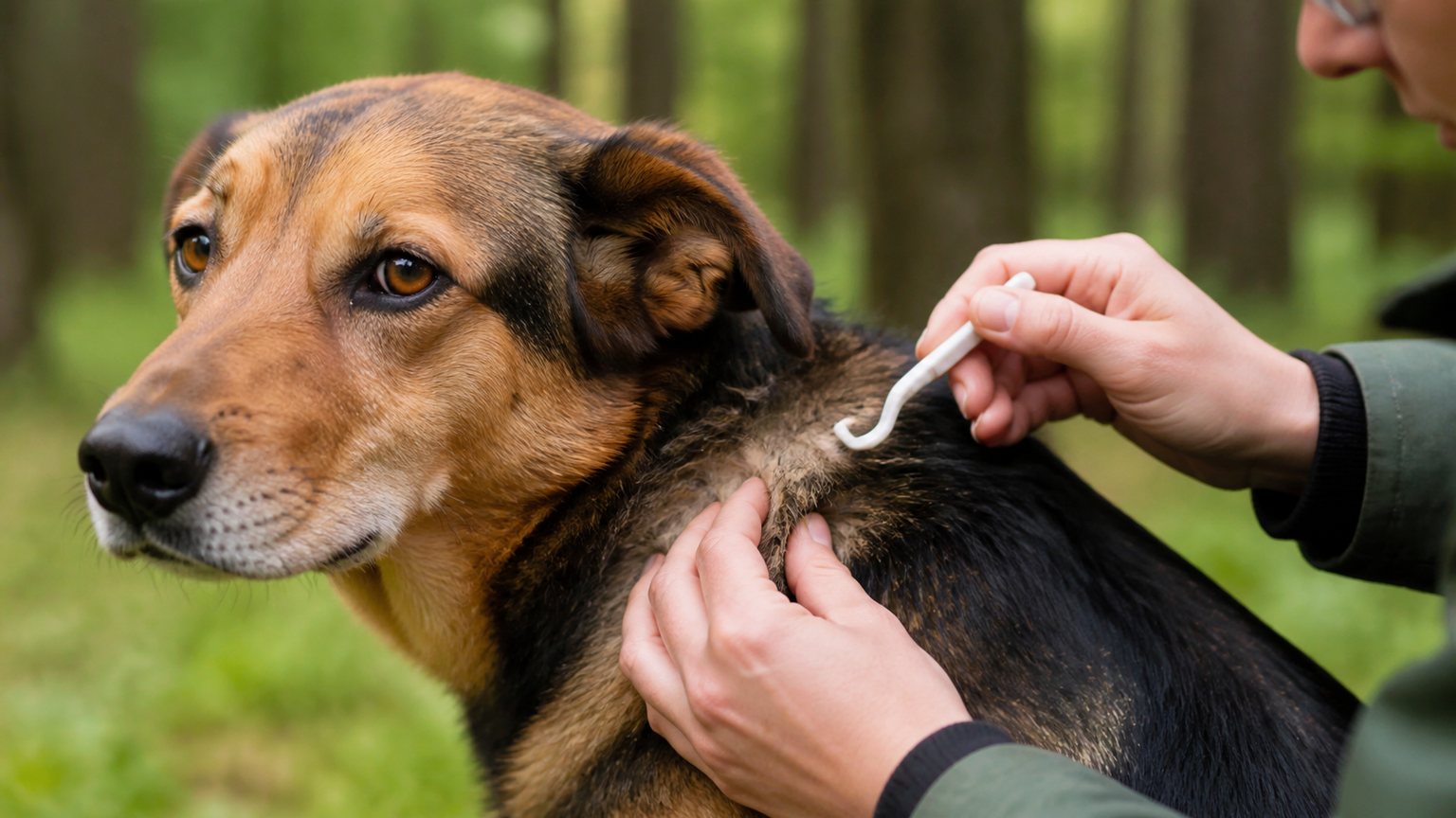 Chien examiné après une promenade avec un crochet tire-tique