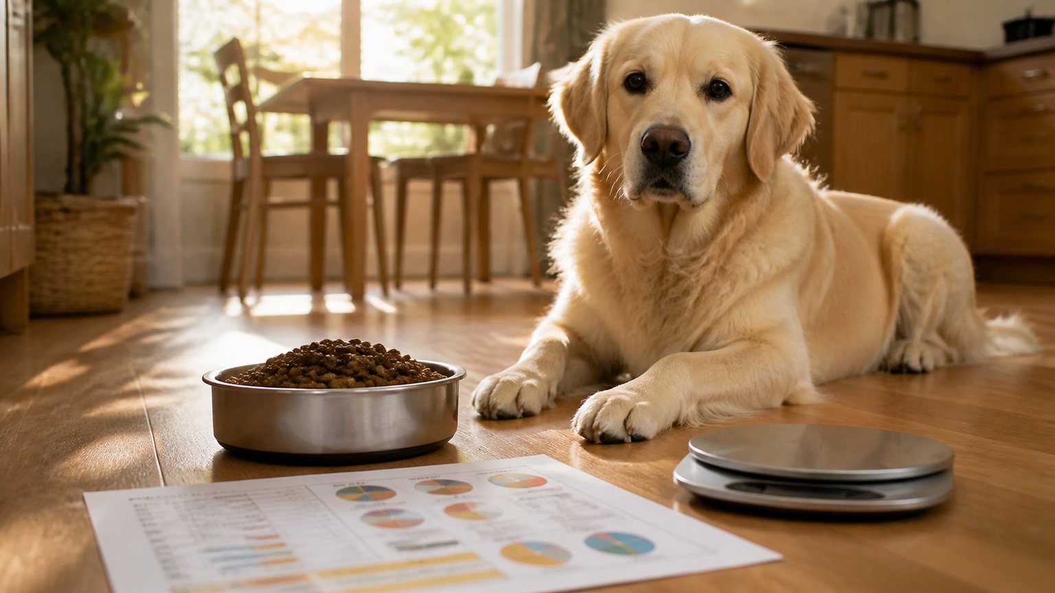 Grand chien près d’une gamelle de croquettes avec balance de rationnement