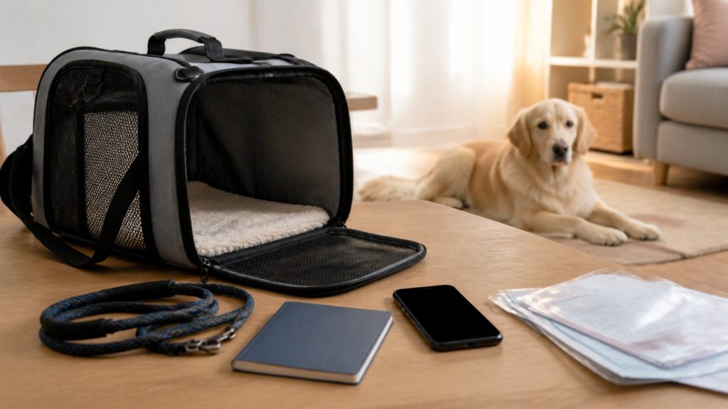 Carnet de santé, laisse et téléphone prêts pour une urgence vétérinaire canine