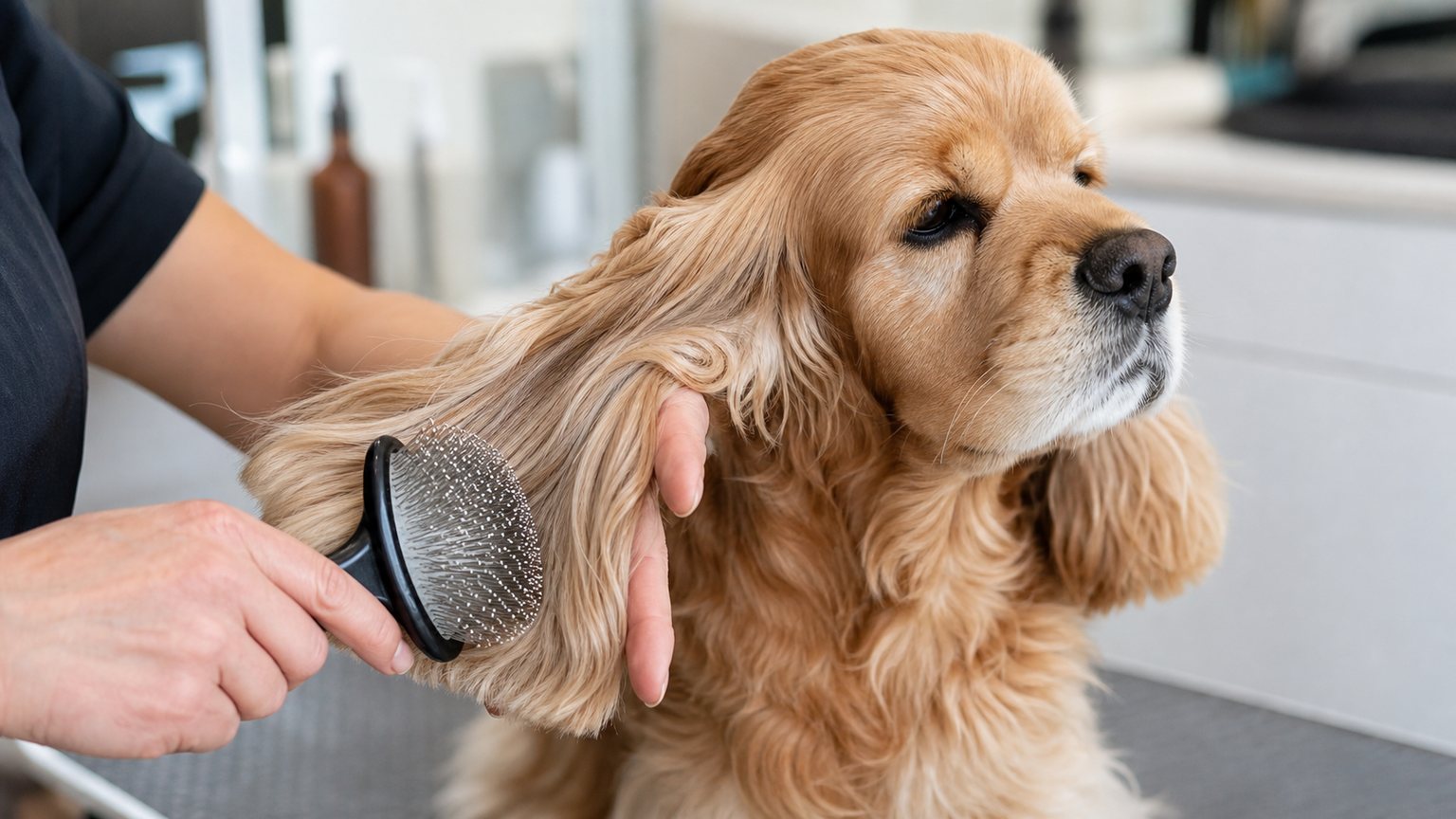 Toilettage des longues oreilles d’un Cocker Américain