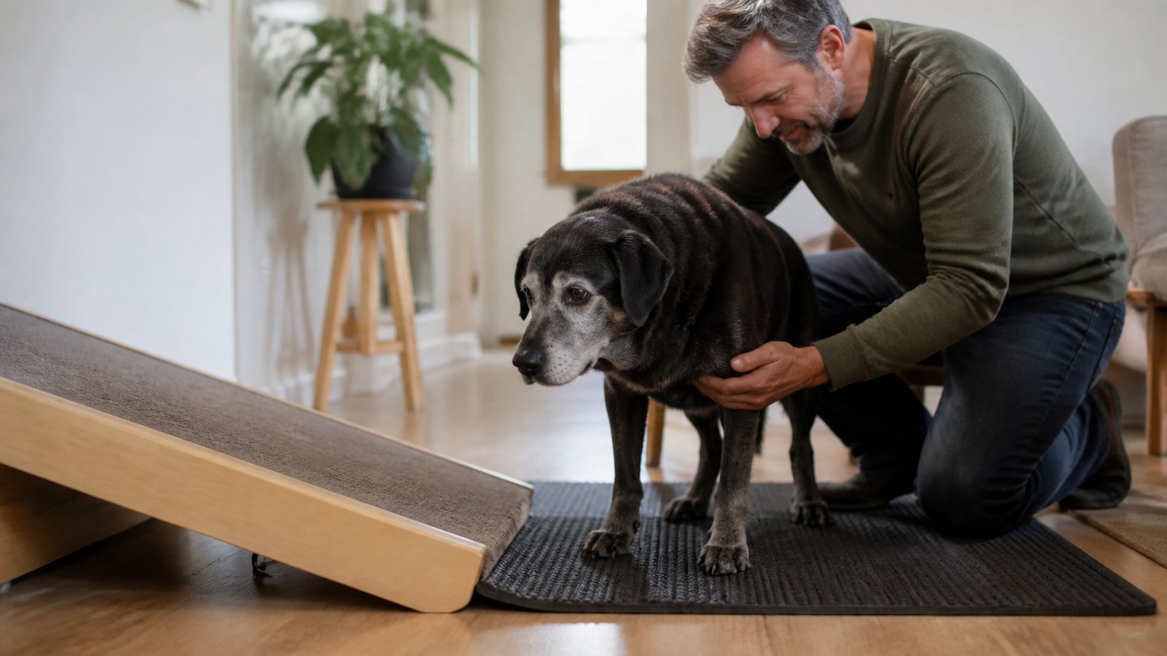 Chien senior accompagné doucement près d’une rampe et d’un tapis antidérapant