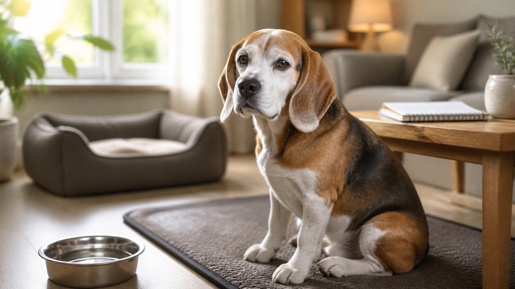 Chien senior au calme dans un intérieur aménagé pour son confort