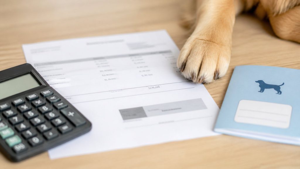 Facture vétérinaire et calculatrice pour estimer le reste à charge d’une franchise assurance chien