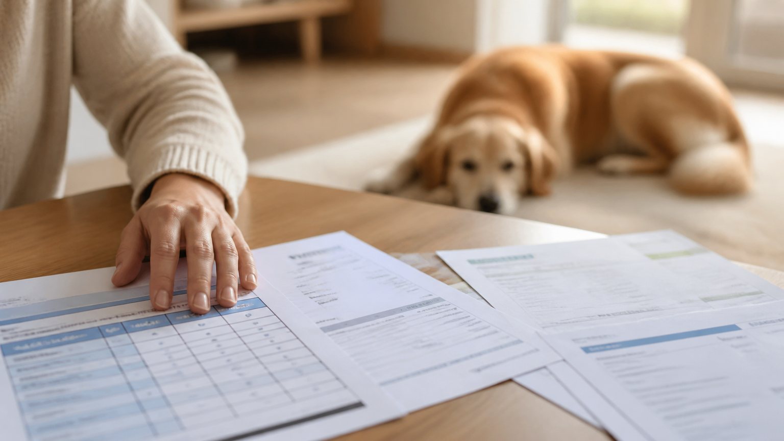 Factures vétérinaires et garanties d’assurance chien comparées sur une table
