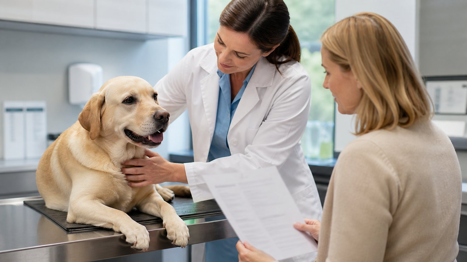 Chien examiné par un vétérinaire pendant une consultation