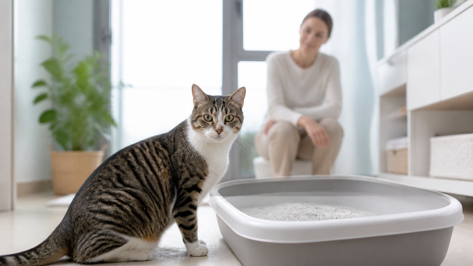Chat calme à côté d’une litière propre dans une pièce lumineuse