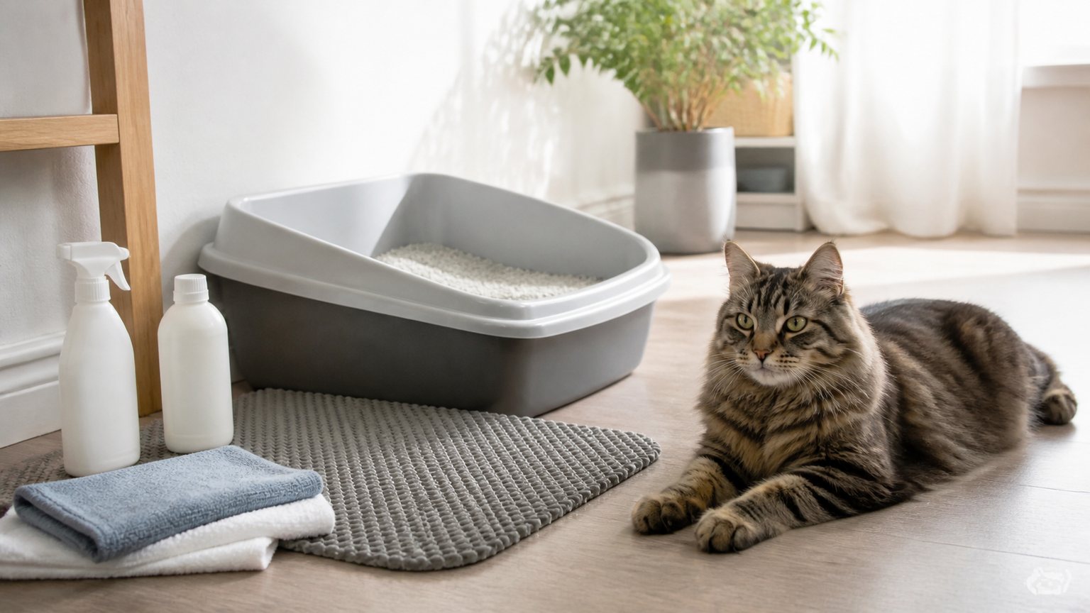 Litière propre et matériel de nettoyage pour limiter les récidives urinaires du chat
