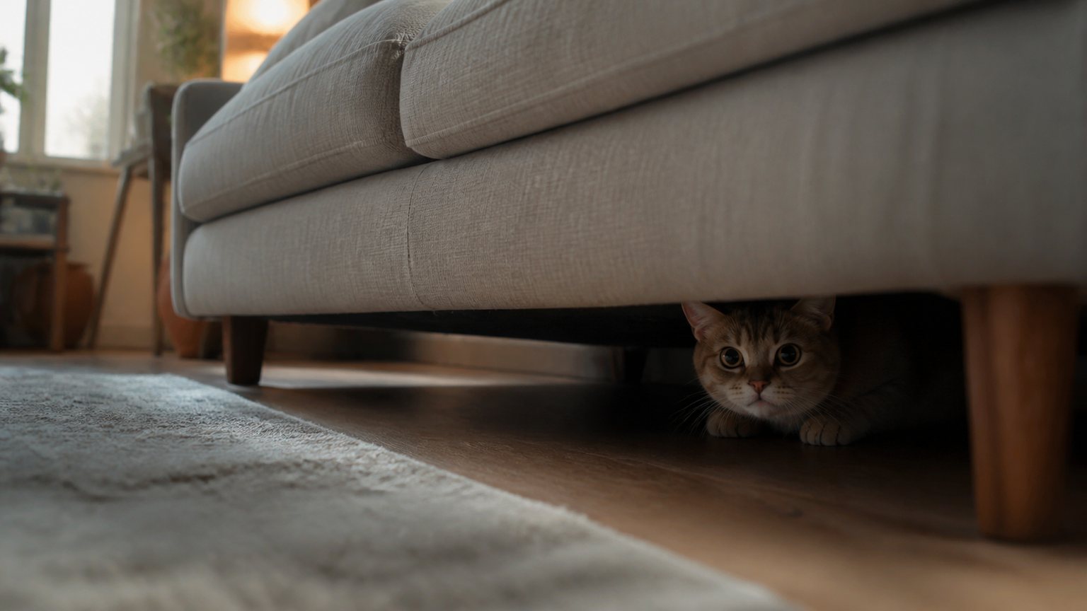 Chat caché sous un canapé dans un intérieur calme
