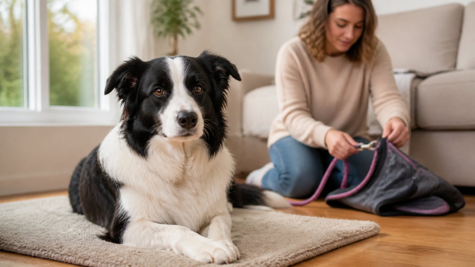 Chienne calme accompagnée pendant ses chaleurs à la maison