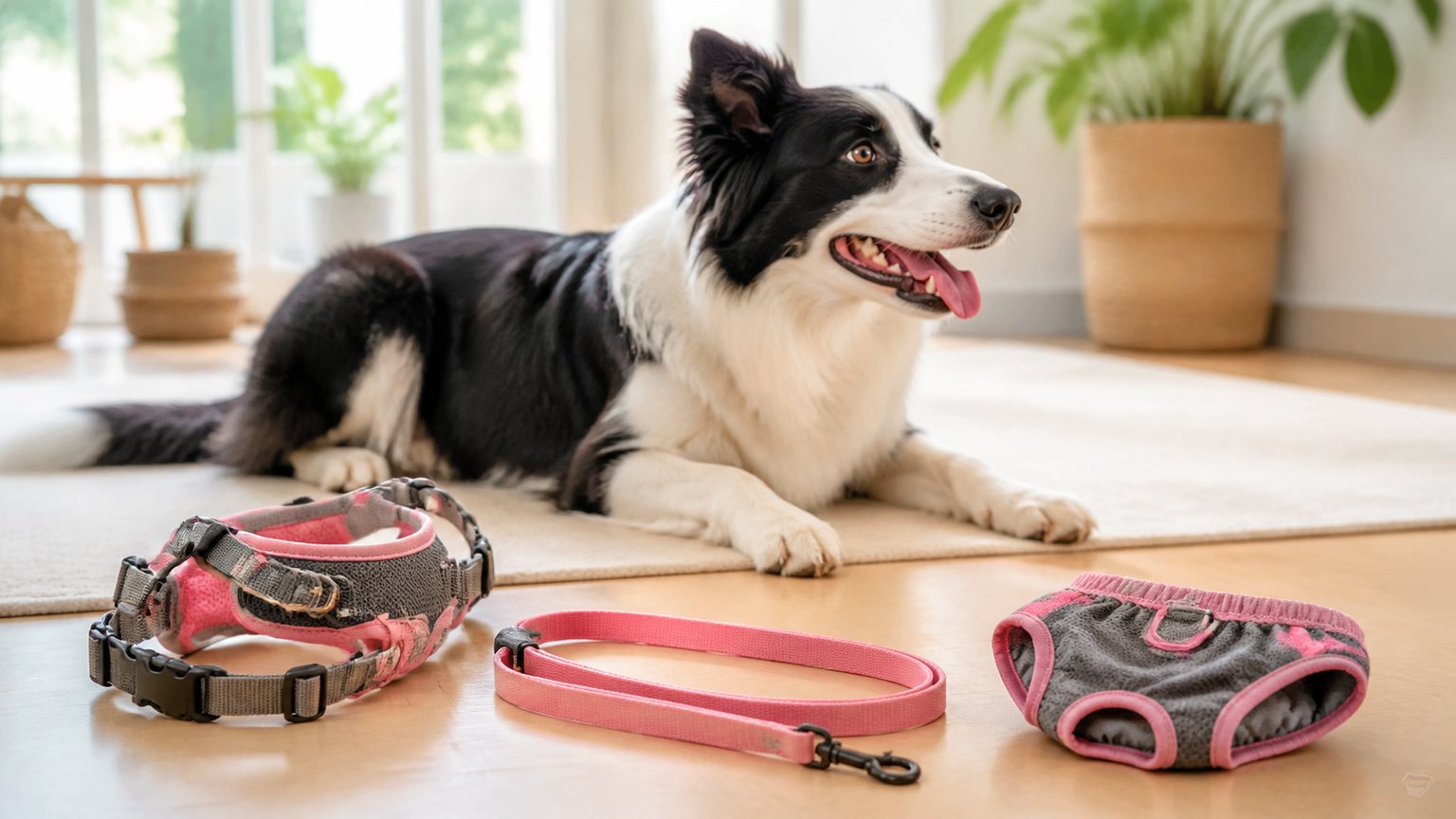 Laisse harnais et protection hygiénique pour gérer les chaleurs de la chienne