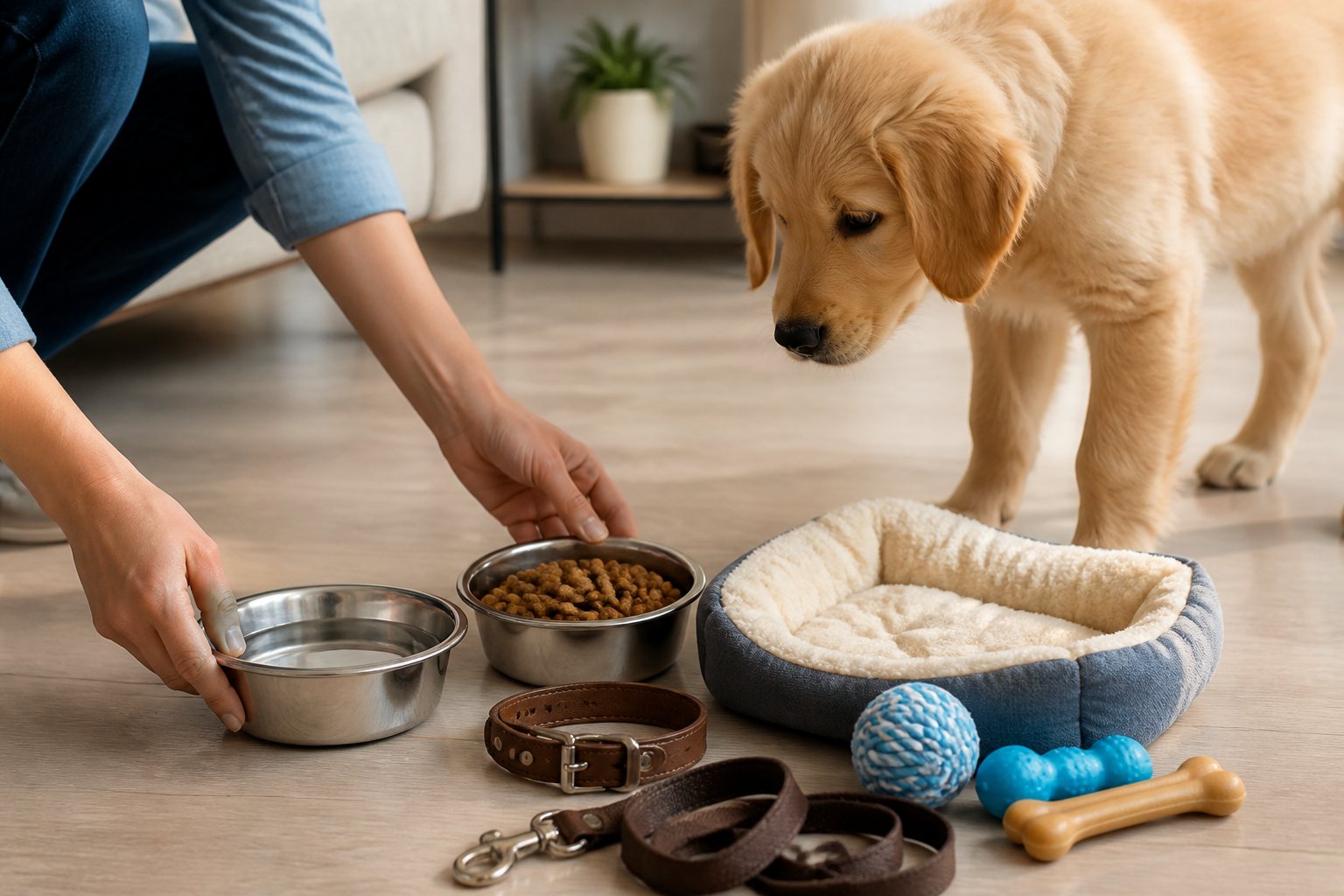 Accessoires et gamelles préparés pour l’arrivée d’un chiot