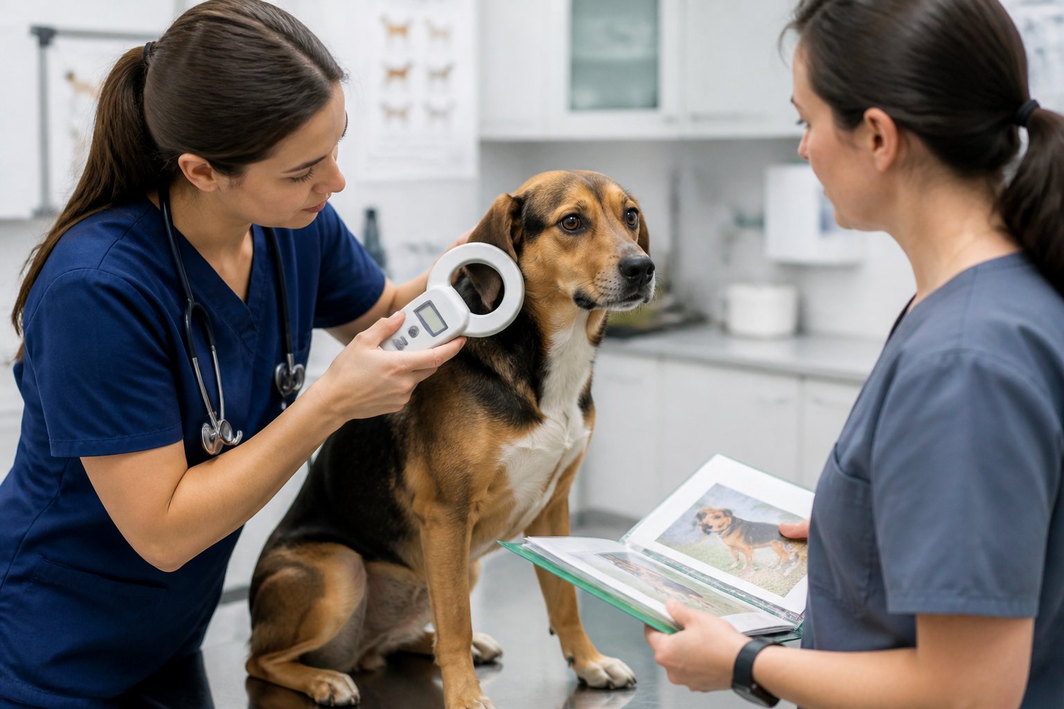 Vétérinaire lisant la puce électronique d’un chien trouvé avec un lecteur
