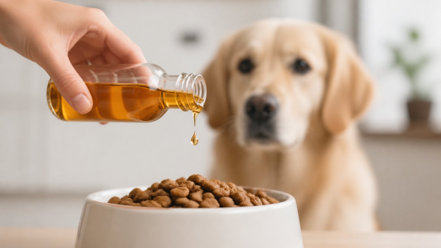 Huile de saumon versée sur des croquettes pour chien