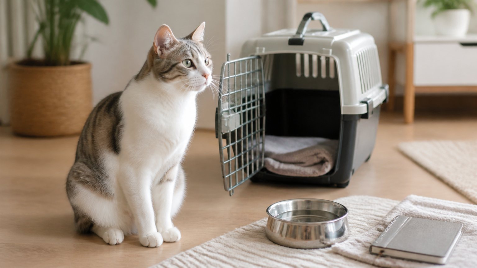 Chat près d’une caisse de transport avant une consultation pour toux persistante