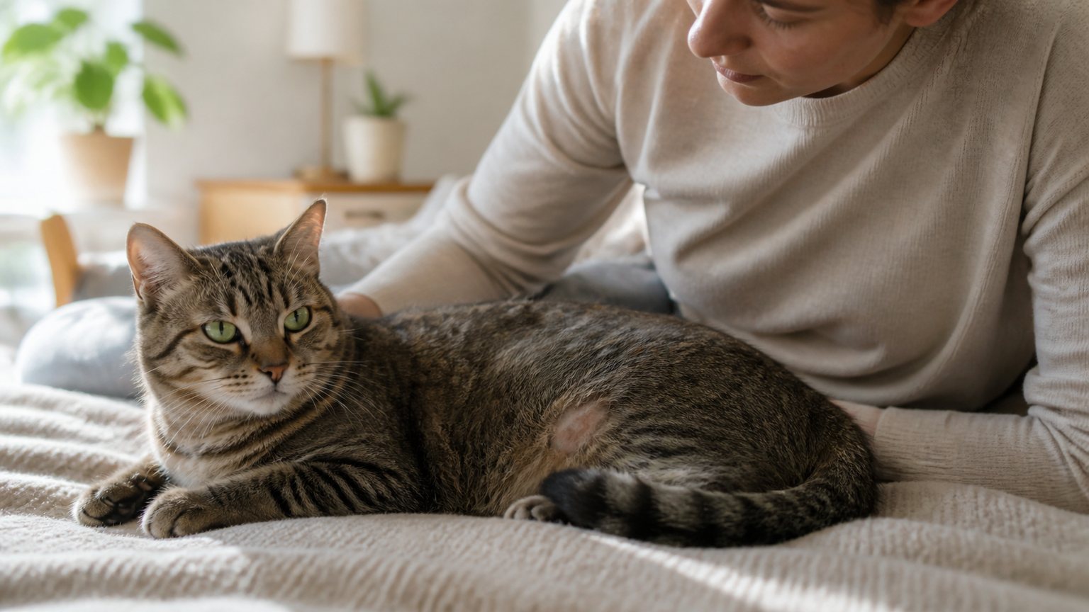 Chat présentant une perte de poils par plaques observée à la maison