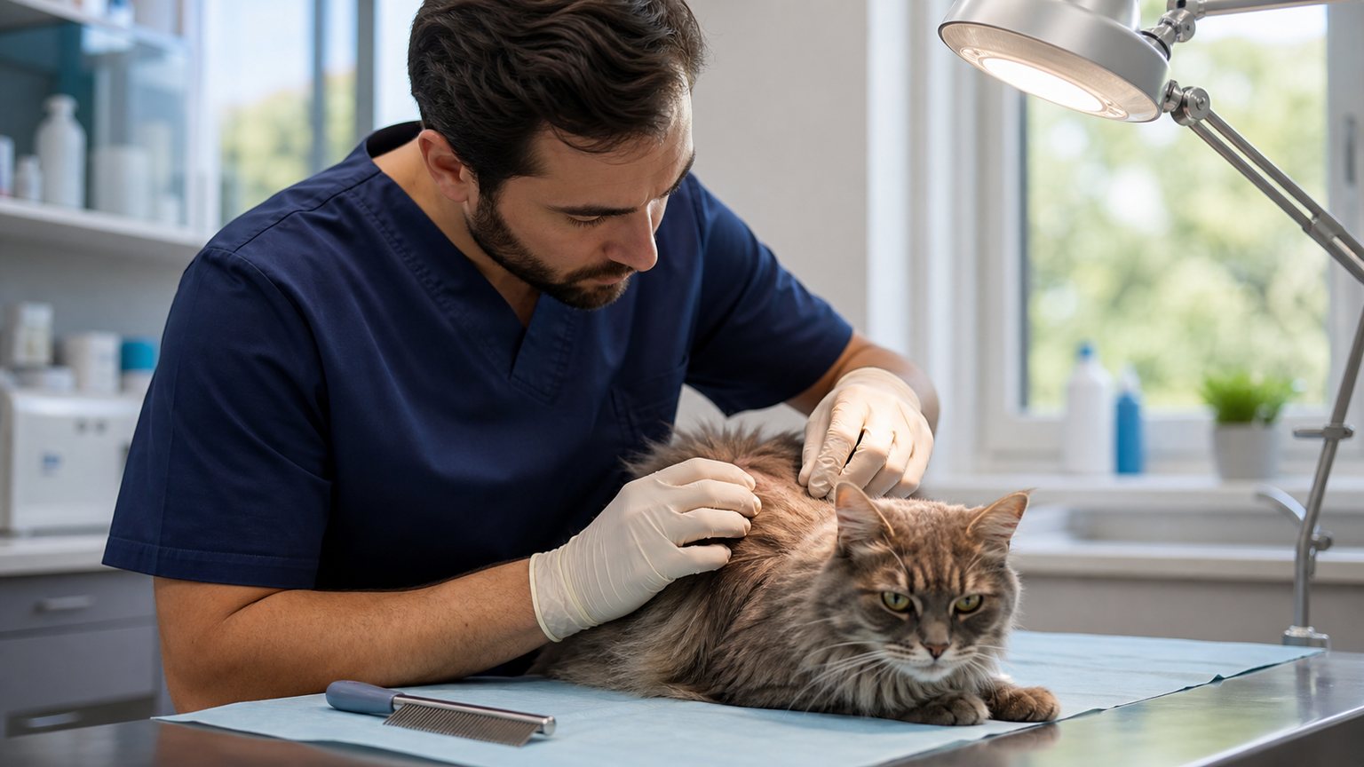 Examen dermatologique vétérinaire du pelage d’un chat
